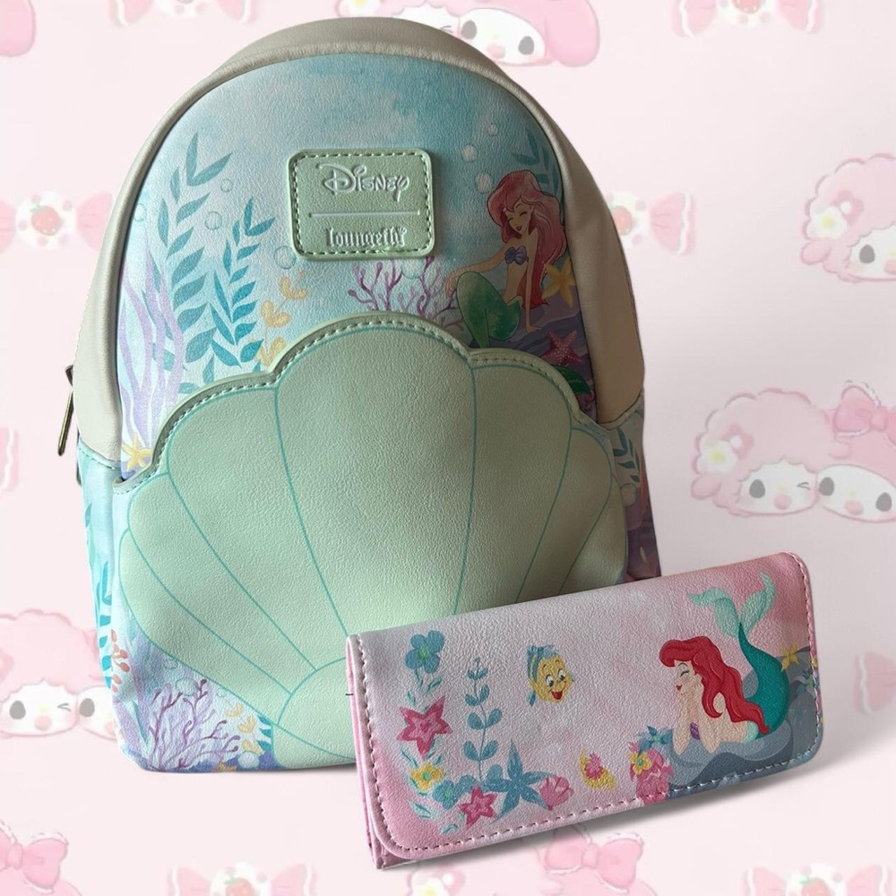 LOUNGEFLY BUNDLE 🌸 Sold Out Little Mermaid Mint Shell Backpack + New Pink Wallet